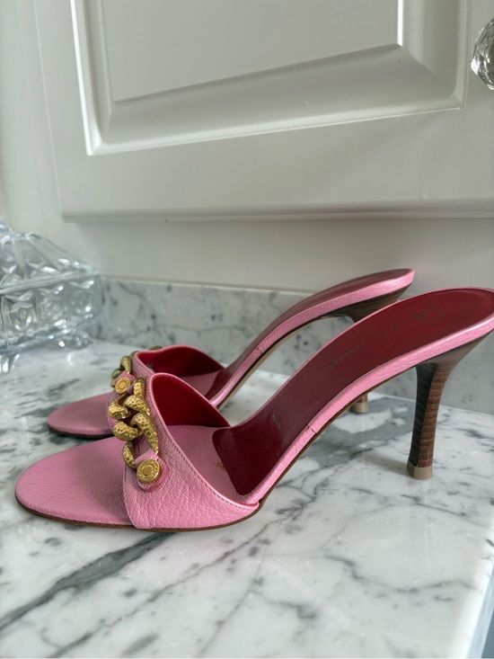 St. John Shoes - Pink Chain-Accent Leather Mule Heels